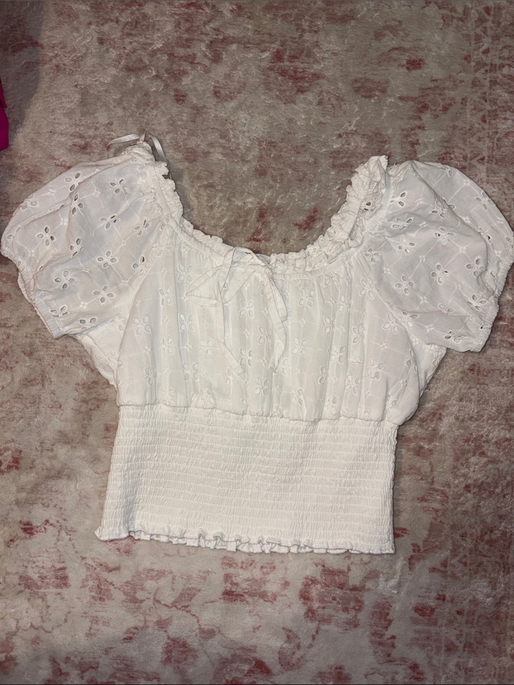 White Eyelet Puff-Sleeve Smocked Crop Top